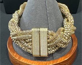 Lot 659: Pair of Gold-Tone Bracelets: Braided Mesh & Red Rhinestone (photo 2)