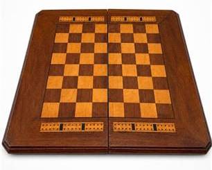 Lot 0307: Inlaid Hardwood Folding Chess, Backgammon & Cribbage Board — current bid $5