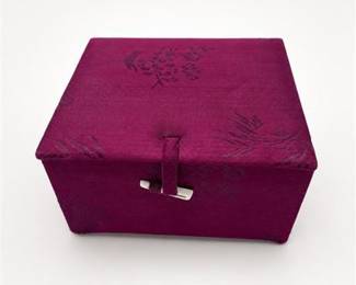 Lot 836: Magenta Silk Brocade Hinged Box with Gold Satin Lining — current bid $5