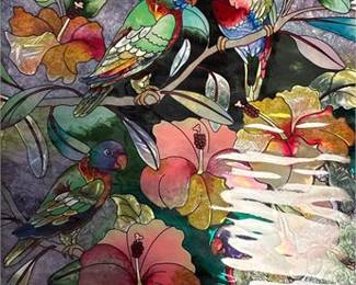 Lot 20: Amia Hand-Painted Glass Panel, Tropical Parrots & Hibiscus (photo 4)