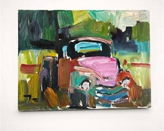 Lot 937: Jose Trujillo Oil on Canvas, "Chevy," 9 × 12 in. — current bid $5