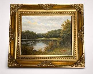 Lot 17: Oil on Canvas Wooded Pond Landscape in Gilt Frame — current bid $16