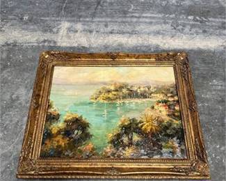 Lot 797: Impasto Oil on Canvas, Mediterranean Harbor, Gilt Frame (photo 3)
