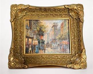 Lot 800: Parisian Boulevard Street Scene Oil Painting, Gilt Frame — current bid $26