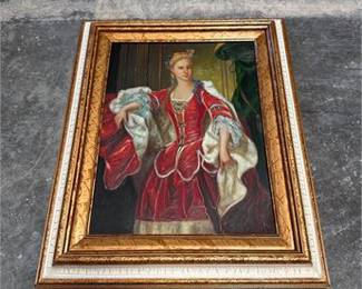 Lot 798: Oil on Canvas Portrait, Lady in Red Rococo-Style Gown (photo 3)