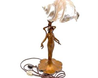 Lot 0250: Art Nouveau Spelter Figural Maiden Lamp, Turban Shell — current bid $247