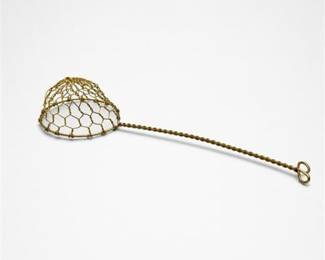Lot 847: Hand-Woven Brass-Toned Wire Mesh Strainer, 9 In. — current bid $5