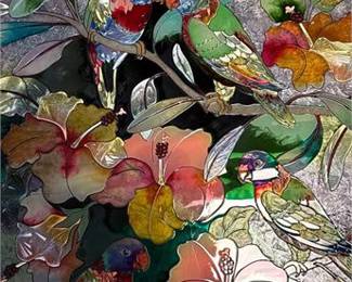 Lot 20: Amia Hand-Painted Glass Panel, Tropical Parrots & Hibiscus (photo 3)