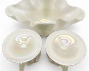 Lot 0503: American Iridescent Stretch Glass Console Set, 3 Pcs — current bid $5