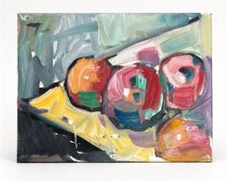 Lot 934: Jose Trujillo "Apples" Oil on Canvas, 2019, 9×12 in — current bid $5