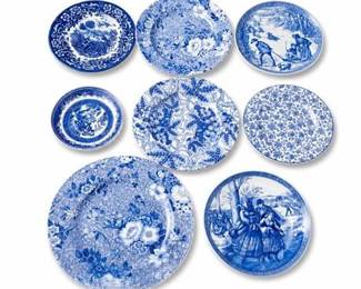 Lot 0901A: Blue & White Transferware Plates, Mixed Patterns (8) — current bid $5