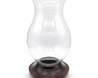 Lot 0157: Crate & Barrel "Bravada" Glass Hurricane on Wood Base — current bid $5
