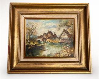 Lot 11: Continental Village Landscape Oil on Canvas, Giltwood Frame — current bid $11