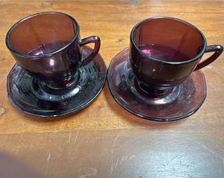 Lot 680: Pair of Amethyst Pressed Glass Cups and Saucers (photo 2)