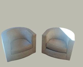 Pair Of L Design Fine Furniture Upholstered Barrel Back Swivel Chairs