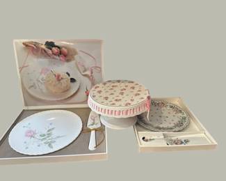 Two Ceramic Dessert Serving Sets w Orig. Boxes and One Pedestal Cake Stand