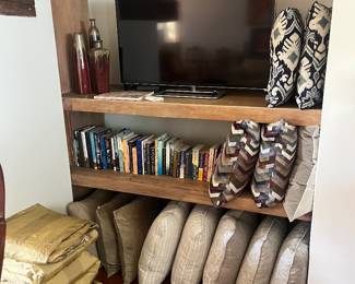 Pillows, gold striped drapery panels 