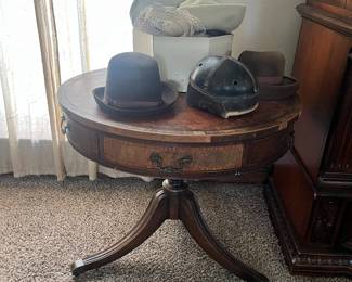 Antique table, hats