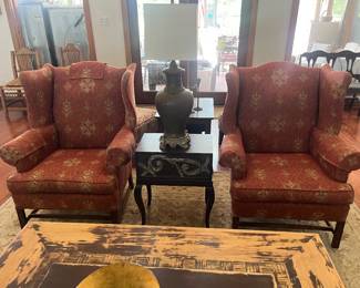 Beautiful brass lamp, wing back chairs 