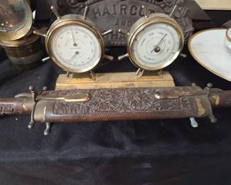 Antique brass ship clock & barometer