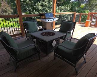 Outdoor chairs, firepit table