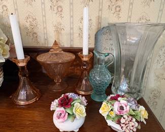 Royal Daulton Flowers, Pink Depression Glass, Vases