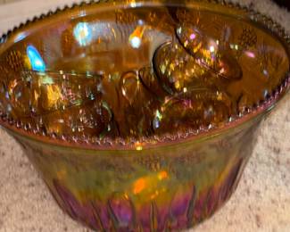 Carnival glass punch bowl set