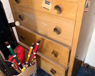 Metal Dresser, croquet Set, Horse Shoes
