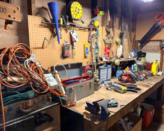 Tool box, clamps, Vise, saw, and more