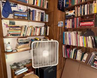 File cabinet, stool, and more books