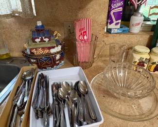 More silverware, Mikasa Bowl, glass pitcher, cookie jar