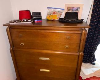 Drexel MCM chest dresser, hats, glasses