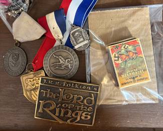 Lord of rings buckle, WWII matches, old Medals