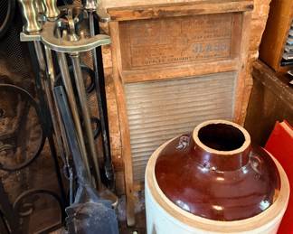Fire Place set, Old Crock, Glass Washboard