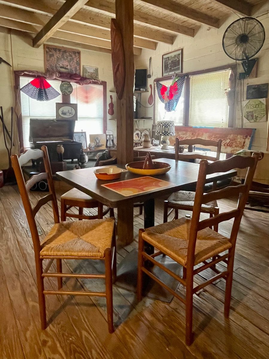 OLD BAR/CAFE TABLES WITH METAL BASES, VINTAGE CHAIRS