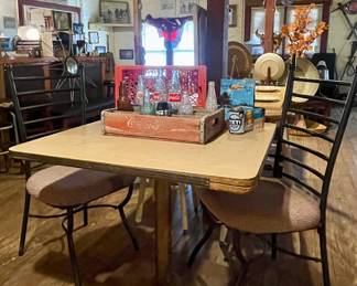 VINTAGE CAFE TABLE, COCA COLA WOOD TRAY, OLD COKE BOTTLES