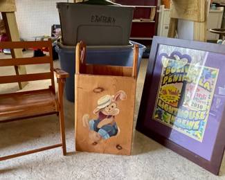 VINTAGE CHILDS WOOD FOLDING CHAIR, PAINTED WOOD HEART BOX