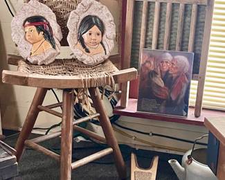 VINTAGE WASHBOARD, WOOD SWIVEL STOOL, NATIVE AMERICAN ART