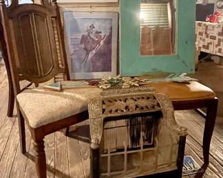 ANTIQUE ORNATE CAST IRON GAS HEATER, MORE CHAIRS