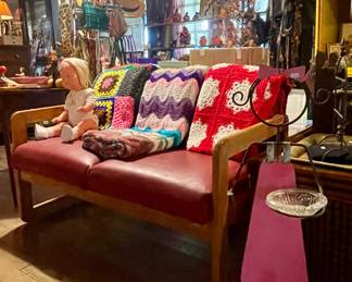 VINTAGE WOOD LOVESEAT, HANDMADE AFGHANS