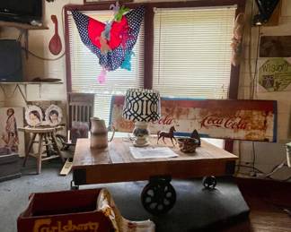 VINTAGE INDUSTRIAL CART, OLD COCA COLA METAL SIGN