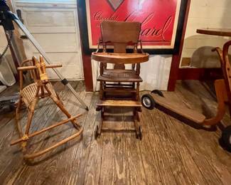 VINTAGE WICKER ROCKING HORSE, ANTIQUE ROLLING HIGH CHAIR, VINTAGE WOOD SCOOTER