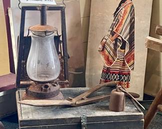 ANTIQUE WOOD TRUNK, OLD LANTERN AND TOOLS