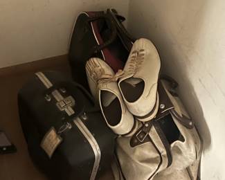 bowling balls with bags and men's bowling shoes
