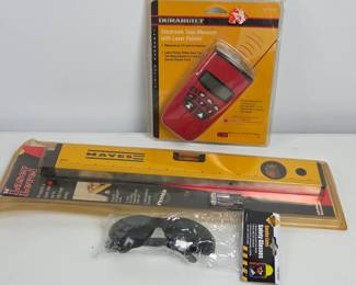 Lot #134 - Durabuilt Electronic Tape Measure with Laser Pointer & Mayes 16" Laser Level with Smoke Lens Safety Glasses