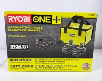 Lot #153 - Ryobi ONE+ 18V 4.0Ah Battery 2-Pack with Compact Fast Charger Kit PSK003