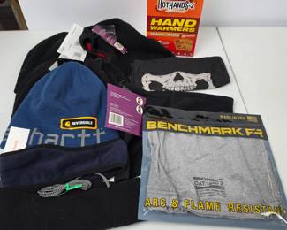Lot #124 - Carhartt, Helly Hanson & Milwaukee Beanie Hats, Fleece Headbands, Cloth Neck Gaiters, & Hand Warmers Winter Bundle