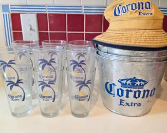 Lot #188 - Corona Extra Glasses, Buckets & Cotton Bucket Hat Lot - Beer & Barware Collectibles