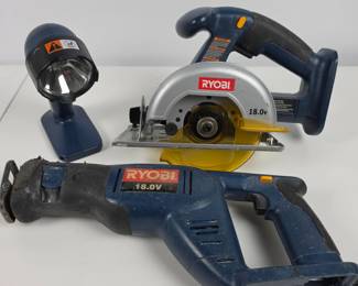 Lot #151 - Ryobi 18V Cordless Circular Saw RYC181, Reciprocating Saw & Swivel Head Flashlight - Power Tools