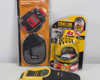 Lot #132 - Durabuilt Ultrasonic Tape Measure with Laser Pointer & Strait-Line 120ft Laser Level with Stanley Intellisensor DigiScan Stud Finder